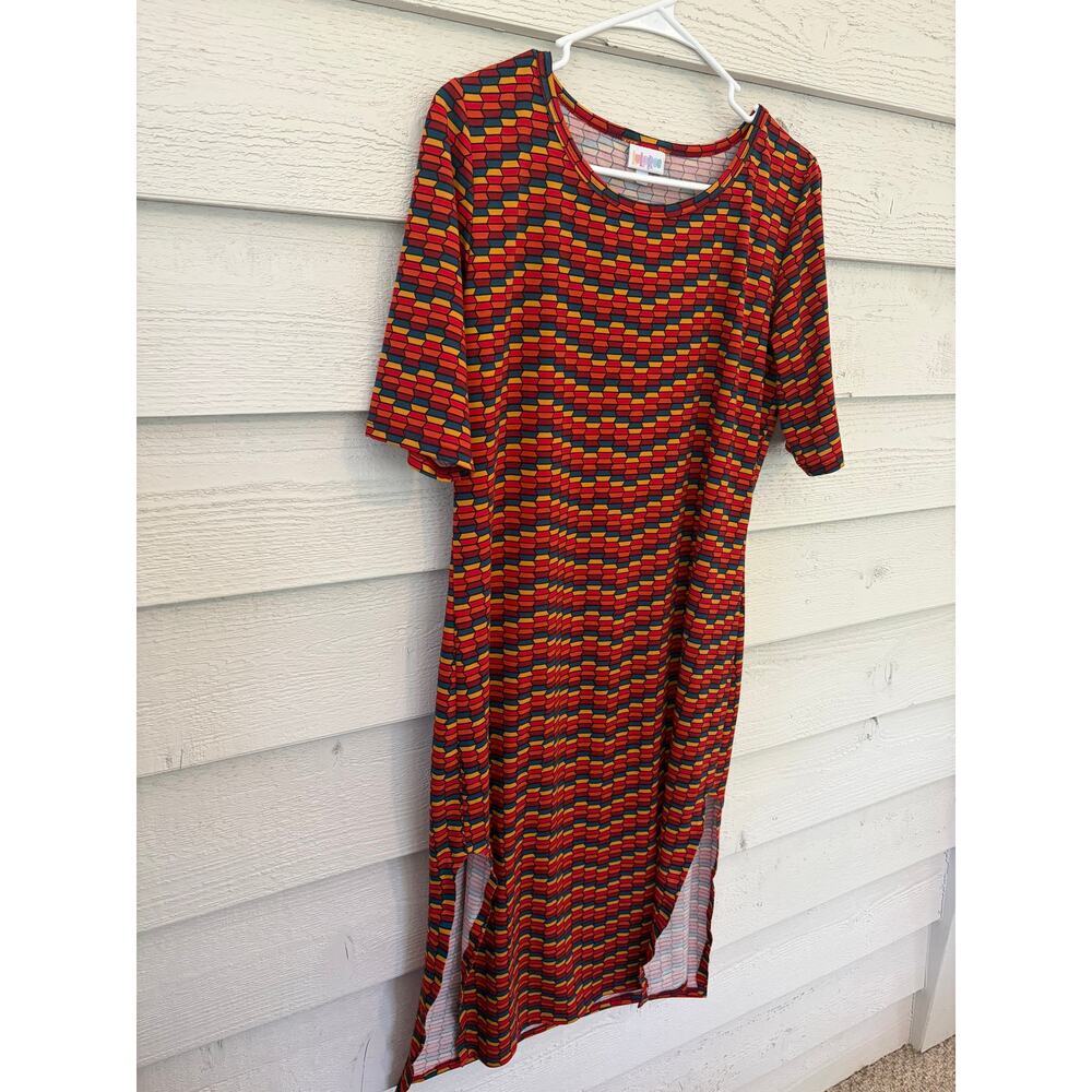 LuLaRoe Julia Dress Size Large Geometric Print Red Blue Mustard High Side Slits - Picture 4 of 7